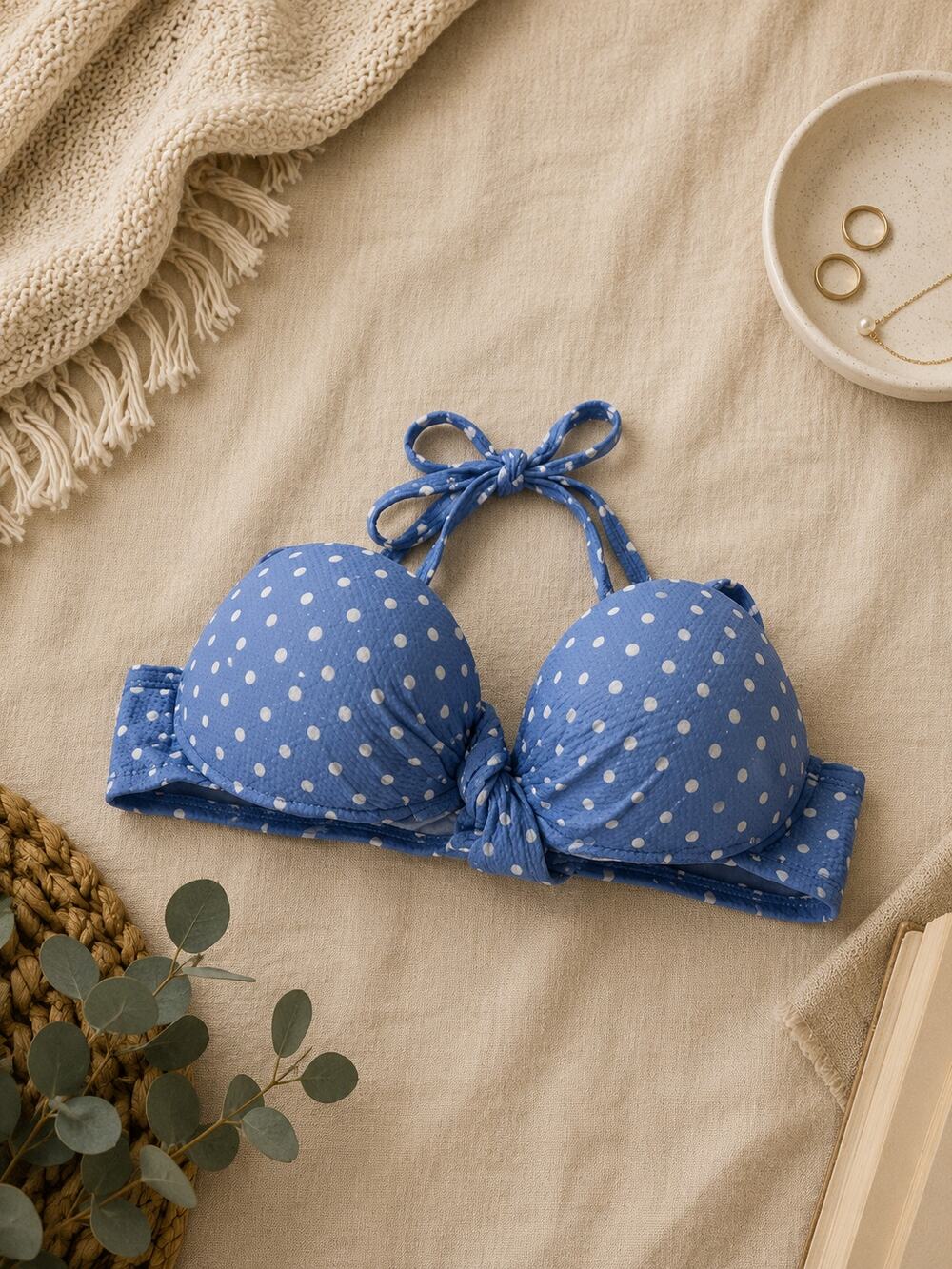 Shade & Shore Light Lift Halter Padded Bikini Top Blue White Polka Dot Size 36C